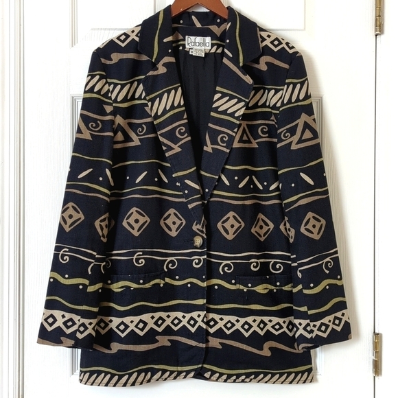 Rafaella Jackets & Blazers - Rafaella 80's Vintage Funky Printed Linen Blend Boxy Blazer Jacket Black Tan 8